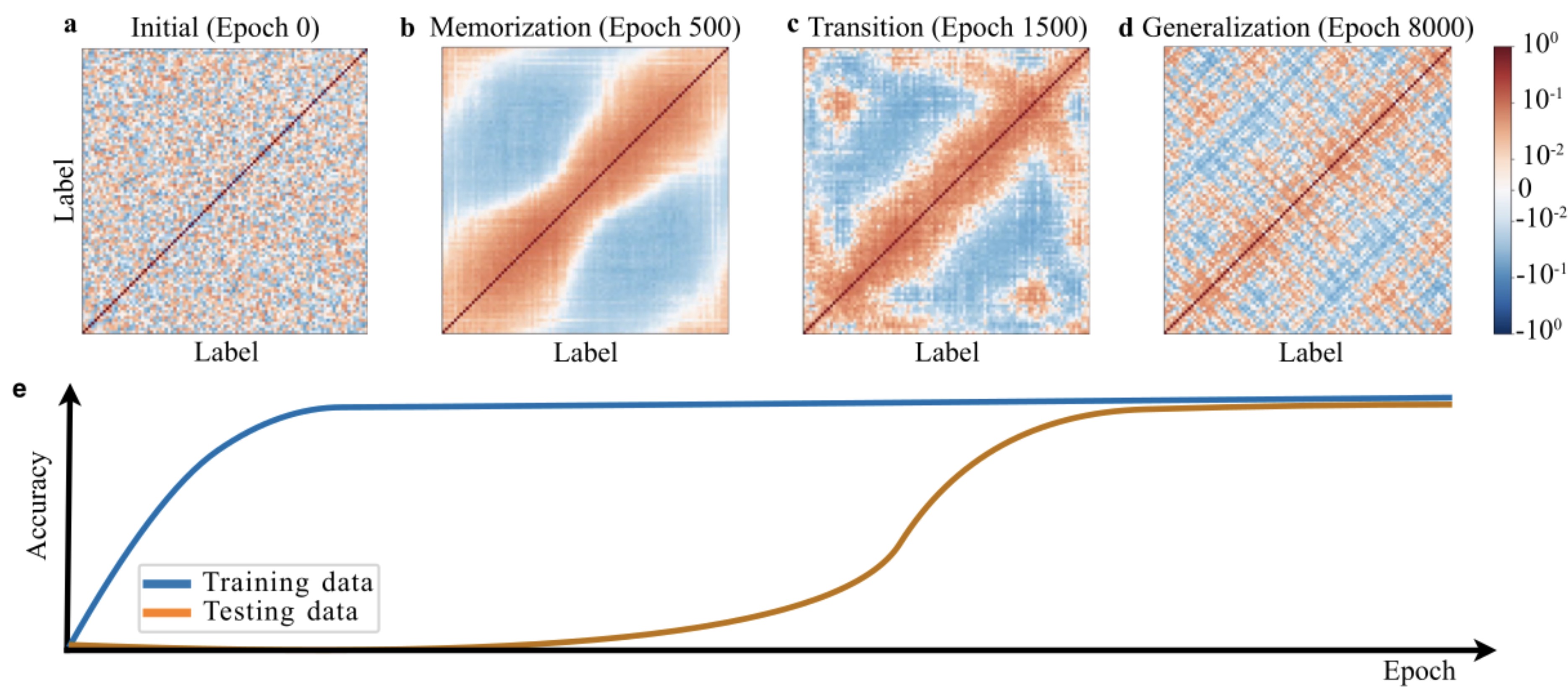 Label-averaged NTK at initialization, memorization, transition, and generalization, with the corresponding learning curve.